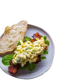 Croissant, Scrambled Egg, Bacon, Mushroom, Tomato