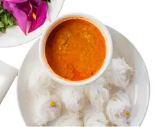 Rice Noodles in Fish Curry Sauce, Served with Hard-Boiled Egg