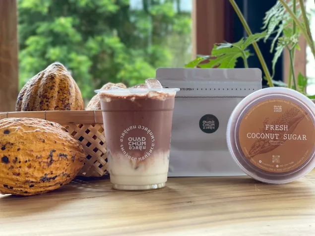 Iced coconut sugar coffee served with the coconut sugar packaging and fresh cacao pods