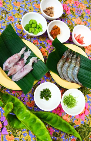 Fresh local ingredients - squid, shrimp, winged beans, and herbs - laid out for cooking